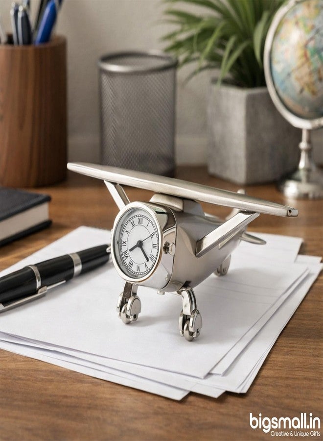 Bigsmall Airplane Shape Decorative Table Clock | Vintage Aircraft Design Desk Clock | Metal Finish Analog Clock for Home & Office Décor - Image 2